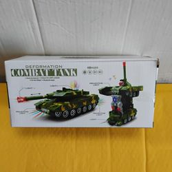 Automatic transforming robot tank toy with bump-and-go technology.The toy features lights, music, and projects light.
