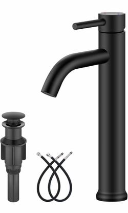 Matte Black Vessel Sink Faucet Bathroom Faucet Tall Stainless Steel Bathroom Sink Faucet Single Handle One Hole Round Body with Pop up Drain Basin Bow