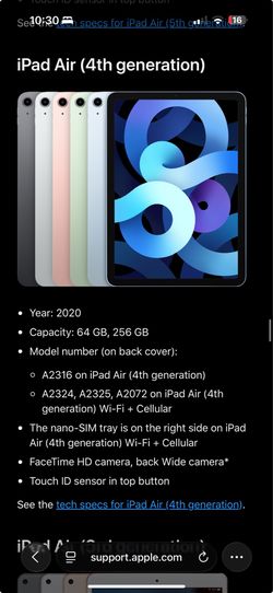I Pad Air 4th Gen ~ model #A2316