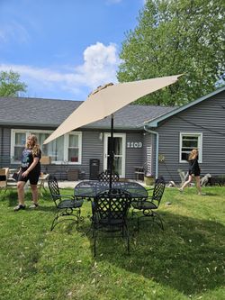 Refinished Vintage 1950s Wrought Iron Patio Table Set With Springer/ Rocker Chairs & A Brand New 9ft Umbrella