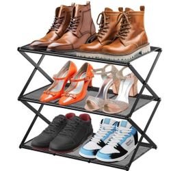 Small Shoe Rack for Entryway - 3 Tier Shoe Organizer Metal Foldable Shoes