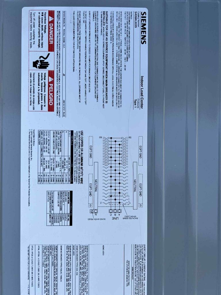 Siemens 200 Amp Breaker Panel Indoor Type 1