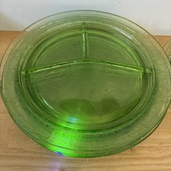 6 x Hocking Uranium Green Glass 10.5” Divided Grill Dinner Plates 