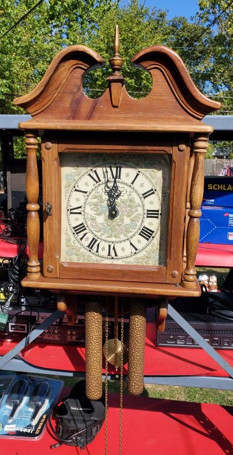 Vintage New England Wall Clock with Weights and Pendulum