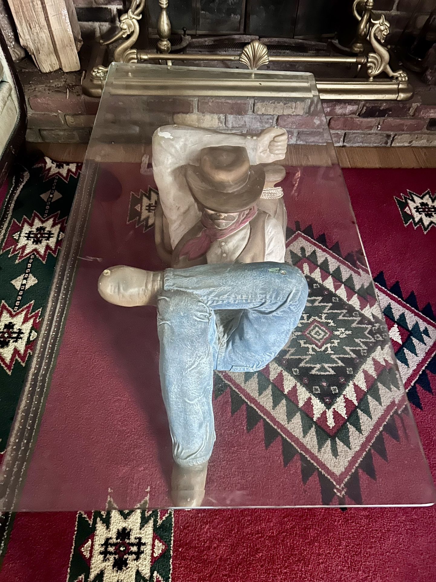 Vintage Lazy Cowboy Etched Trim Glass Top Coffee Table