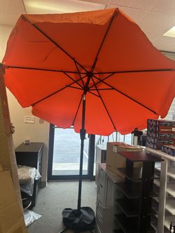 7.5 Ft Patio Umbrella Steel Market Crank and Tilt Orange Outdoor Umbrella with Base & Sands Bag