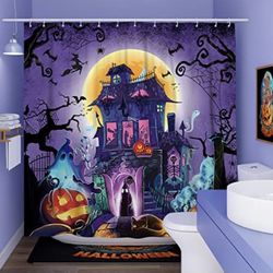 Halloween Shower Curtain for Bathroom Horror Castle Pumpkin Ghost Theme Halloween Bathroom Decor Polyester Fabric-72" x 72"