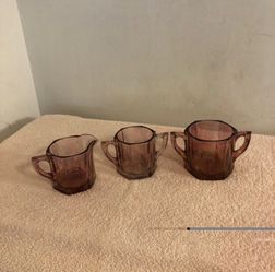 Vintage Starburst Purple Carnival Glass Cream Pitcher & 2 Sized Sugar Bowls