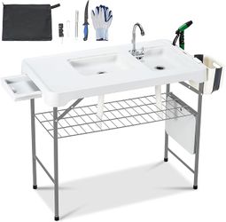 Dragosum 42'' Outdoor Fish Cleaning Table Portable Camping Sink Station with Double Sinks,