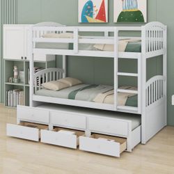 Bunk Bed With Ladder, Safety Rail, Trundle, Drawers