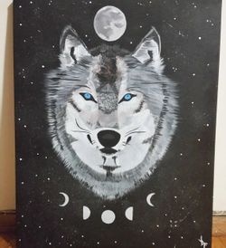 16x20 Acrylic Painting On Stretched Canvas With Wolf, Full Moon, and Moon Phases Titled "Wolf Spirit Animal."