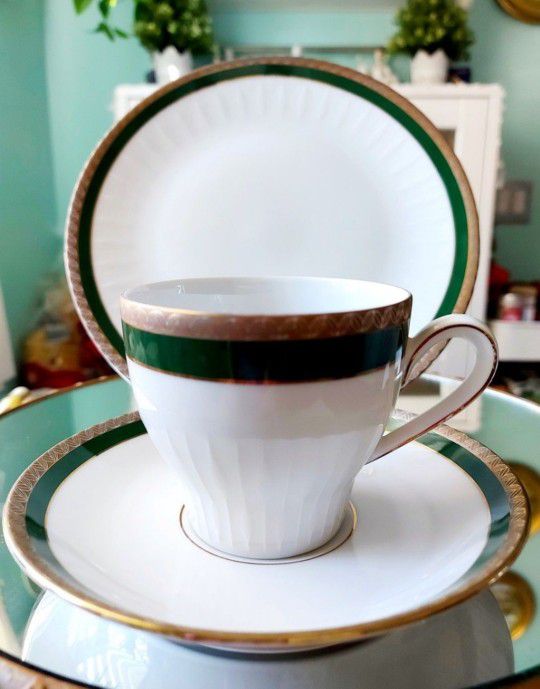 Zeh Scherzer Vintage 40's Tea Cup Saucer Plate 6 Trios Bavaria Emerald Green Gold