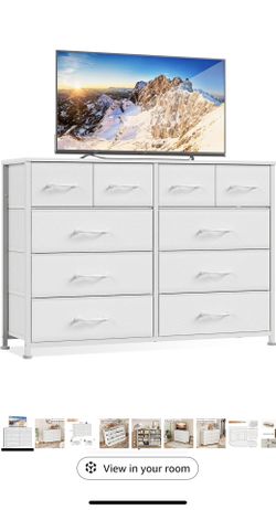 Bedroom Dresser White 55”Long TV Stand Entertainment Center Dresser & Chests of Drawers,10 Storage Fabric Drawer Dressers,Sturdy Metal Frame Tall Bedr