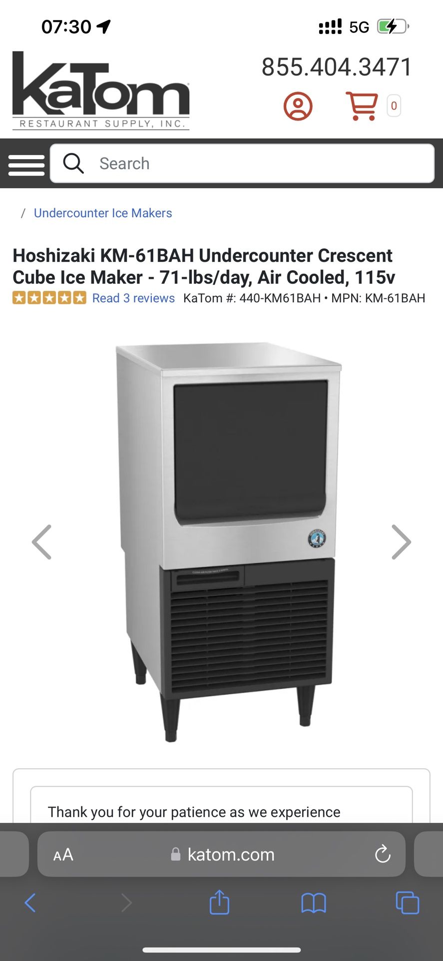 Hoshizaki KM61BAH Crescent Cube Ice Maker 71lb/day for Sale in Palo