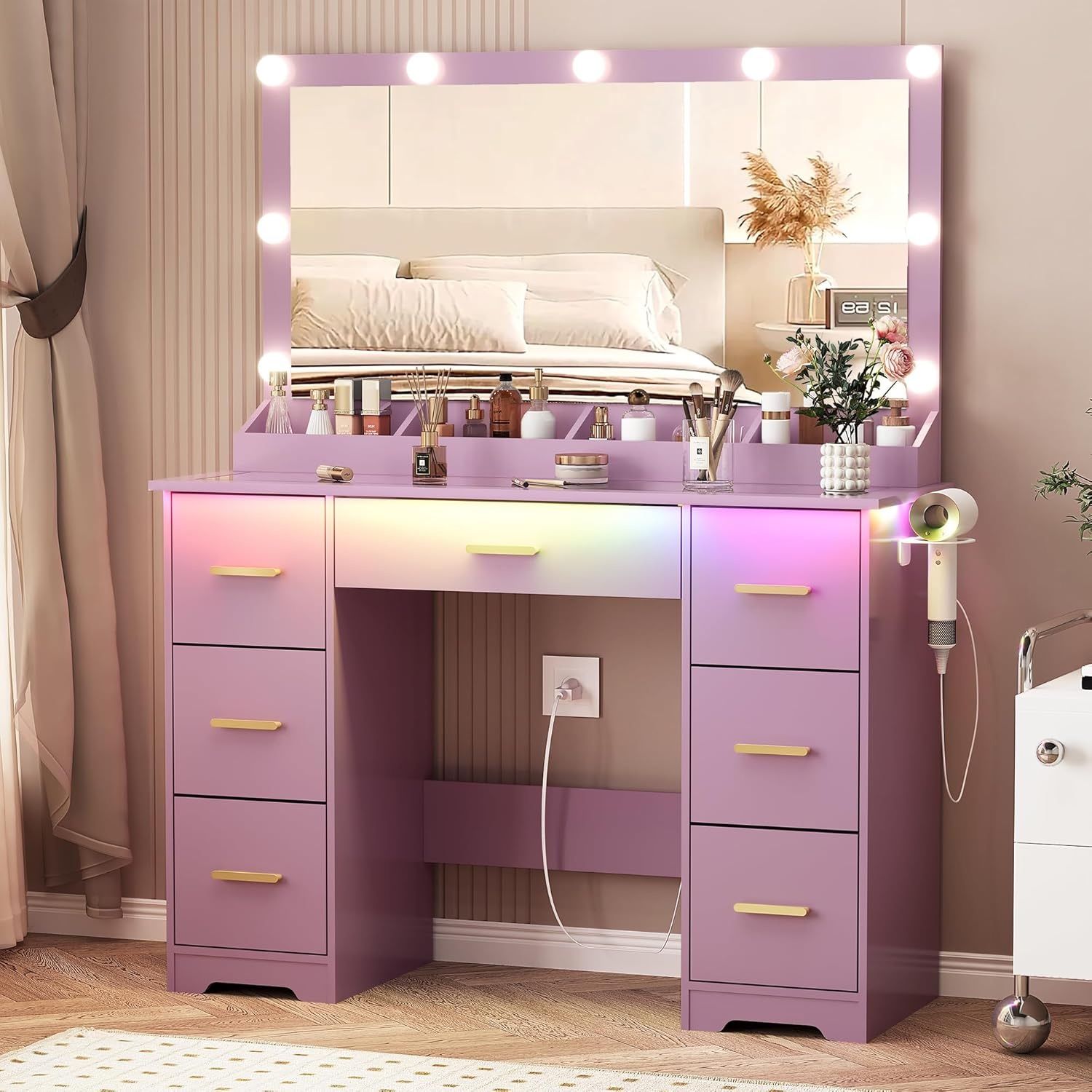 44" Vanity Desk with Mirror and Lights, Glass Top Makeup Vanity with RGB Ambient Lights & 7 Drawers, Large Dressing Table with Power Outlet for Bedroo