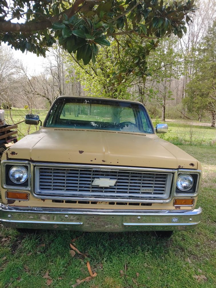 1974 C10 custom deluxe long bed with 15in truck rallies no motor with a turbo 400 transmission.