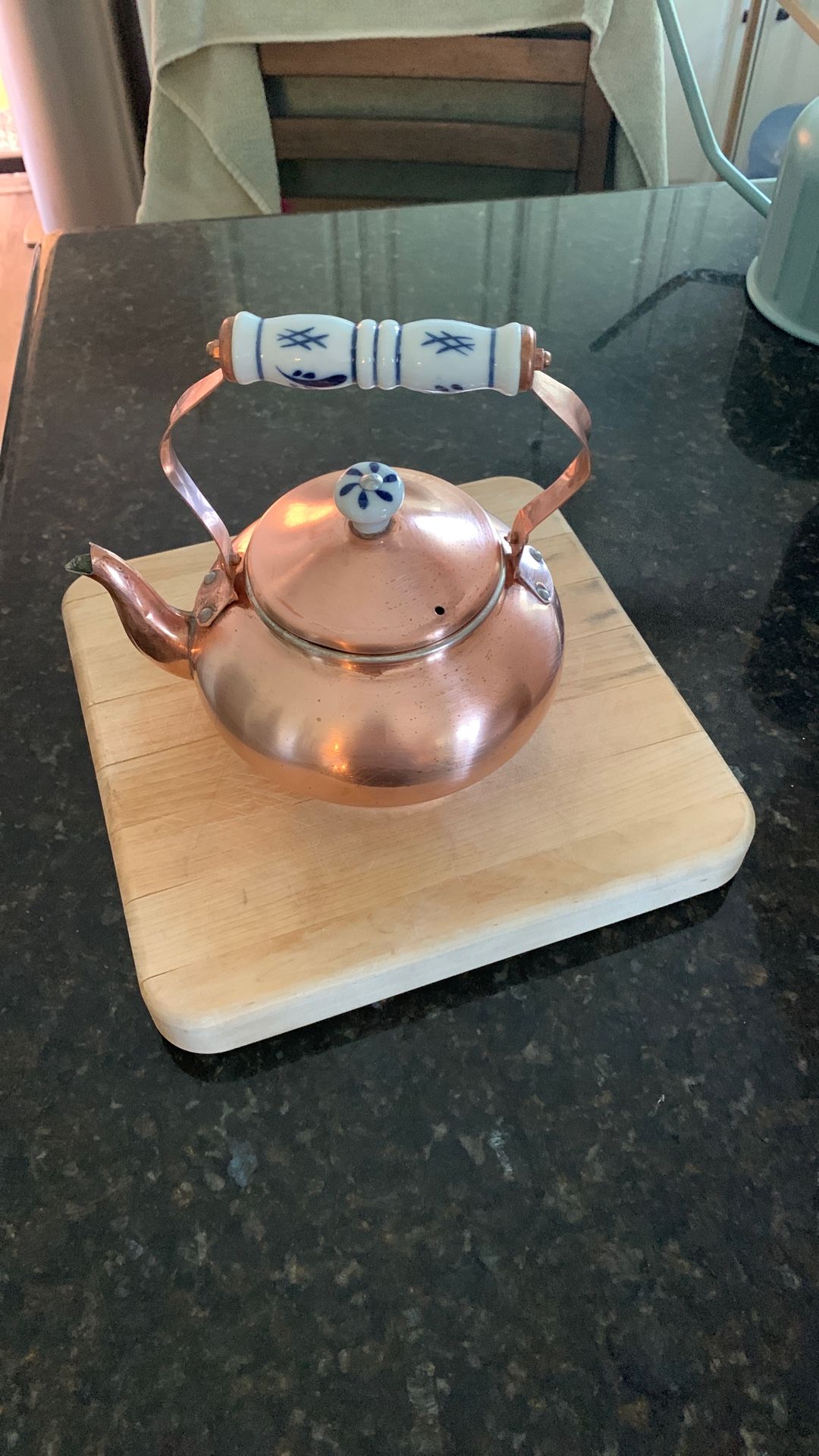 Copper Tea Kettle W Blue & White Ceramic Handle