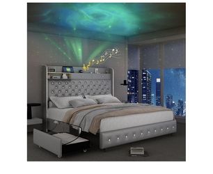 SIBEDS Full Led Bed Frame with Galaxy Aurora Star Projector, 52" Diamond Upholstered Headboard Platform Beds with 2 Storage Drawers, Mattress Foundati
