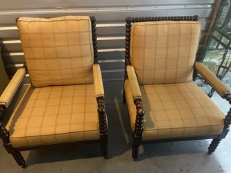Pair of Bobbin Armchairs with Plaid Upholstery