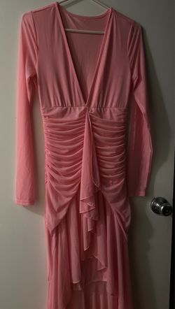 Pink Long Sleeve Ruched Midi Dress