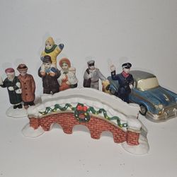 6 Vtg Porcelain Christmas Village Figurines including a Bridge and a Car 2.75”