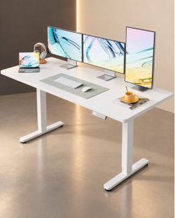 63x28 Inch Electric Standing Desk, Height Adjustable, White 176 Lbs Capacity, Smooth Home Office Desk, 4 Memory Presets & Headphone Hooks, 28.3–46.5 I