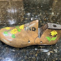 Vintage Wooden Shoe Form with Hand Painted Flowers