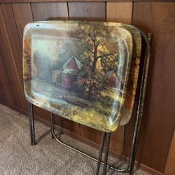 Pair of Signed Robert Wood TV Trays Lithograph Landscape Mid Century 