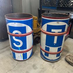 Vintage antique oil drums garage