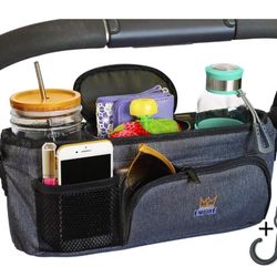 Stroller Organizer with Cup Holder that keeps Drink Level on Any Handle Angle
