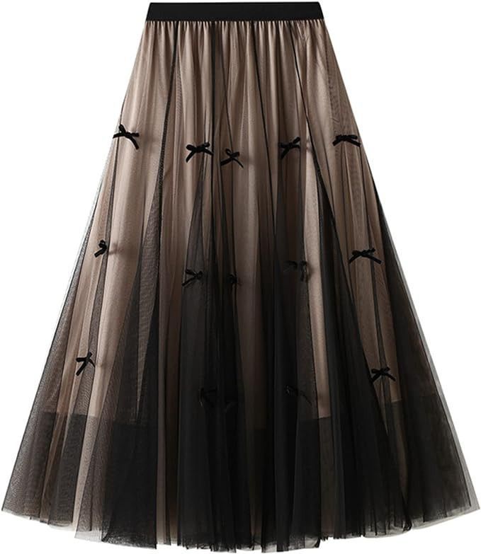 Dirholl Women's A-Line Fairy Elastic Waist Tulle Midi Skirt
