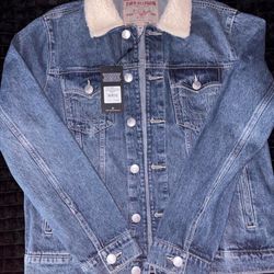 True Religion Blue Denim Jacket With Fur Collar
