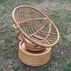 Vintage Mid Century Modernist BoHo Chic Cane Rattan Bamboo Tilt Swivel Platform Hoop Accent Arm Chair