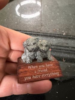 Vintage miniature figurine two pewter puppies on a small wooden base