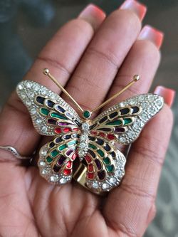 Vintage Butterfly Brooch Gold Tone with Red & Green Enamel Clear Crystals