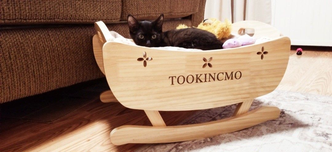 Wooden Pet Cradle, Elevated Bed Cute Removable Soft Mat, 19.6Lx"15.3"W