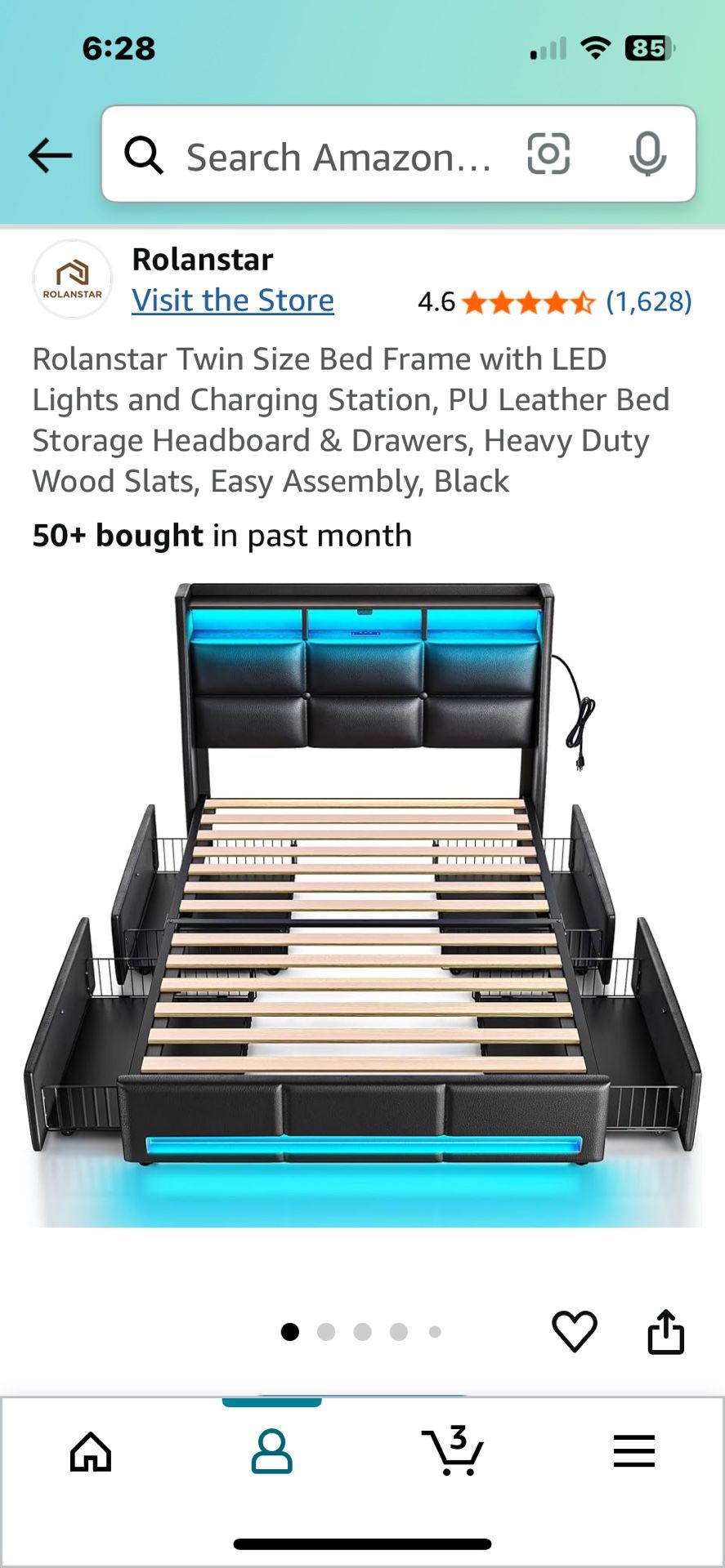 Rolanstar Twin Size Bed Frame with LED Lights and Charging Station, PU Leather Bed Storage Headboard & Drawers, Heavy Duty Wood Slats, Easy Assembly, 