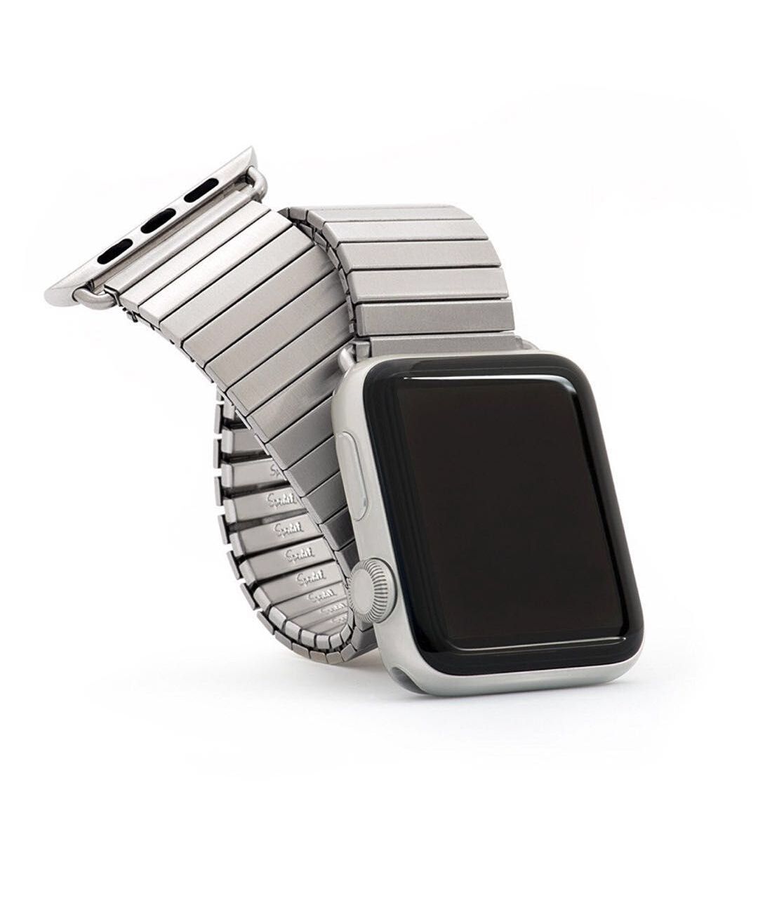 Twist-O-Flex Brushed Stainless Steel, Black and Silver Aluminum Expansion Band for 42mm Apple Watch - Small, Medium and Large - Made by Speidel