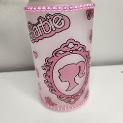 Barbie Glass Cup with Lid and Straw 16oz Color changing 