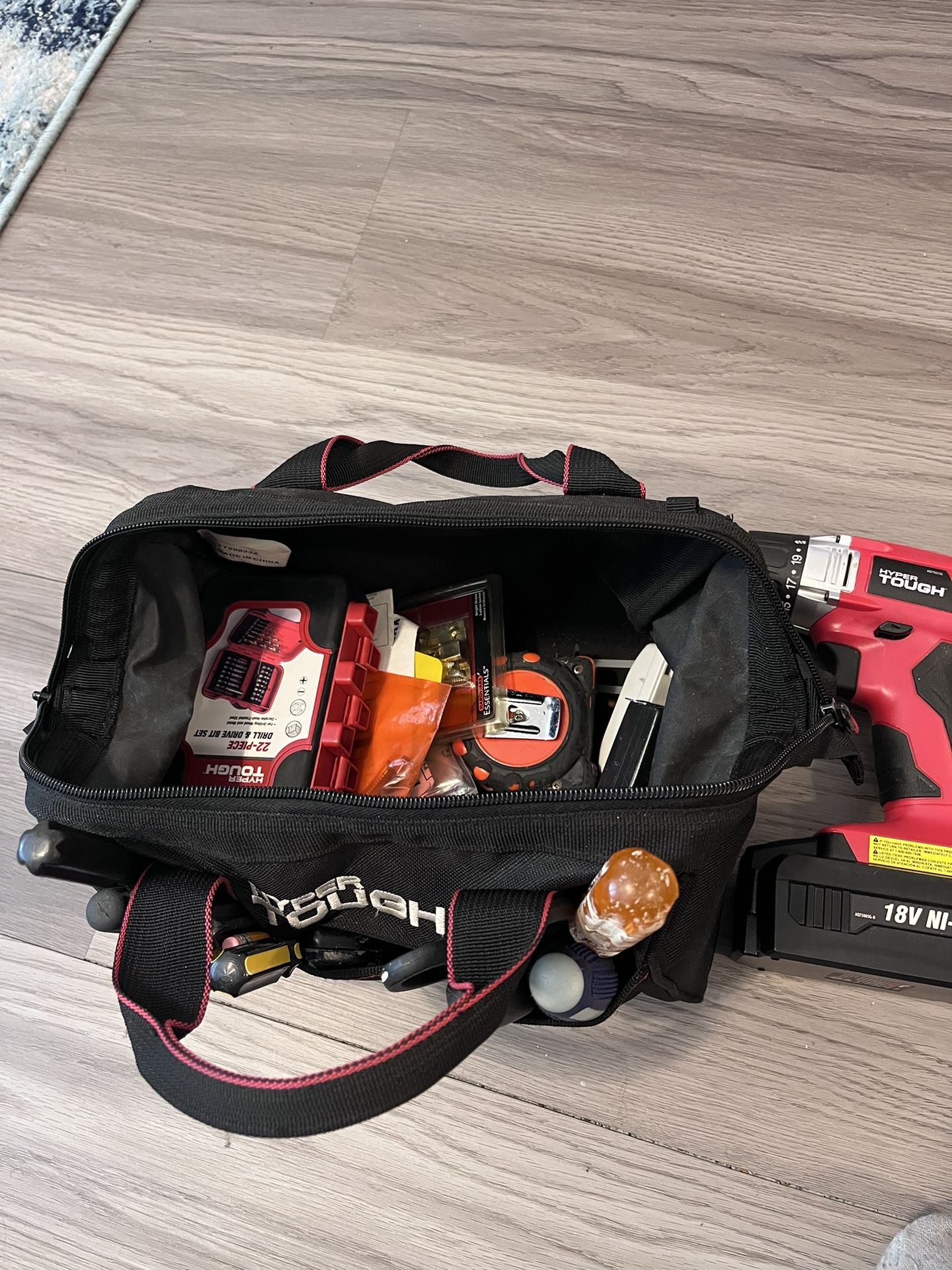 Hyper Tough Tool Bag With Tools, Drill And Supplies, Box Of Larger Tools. 