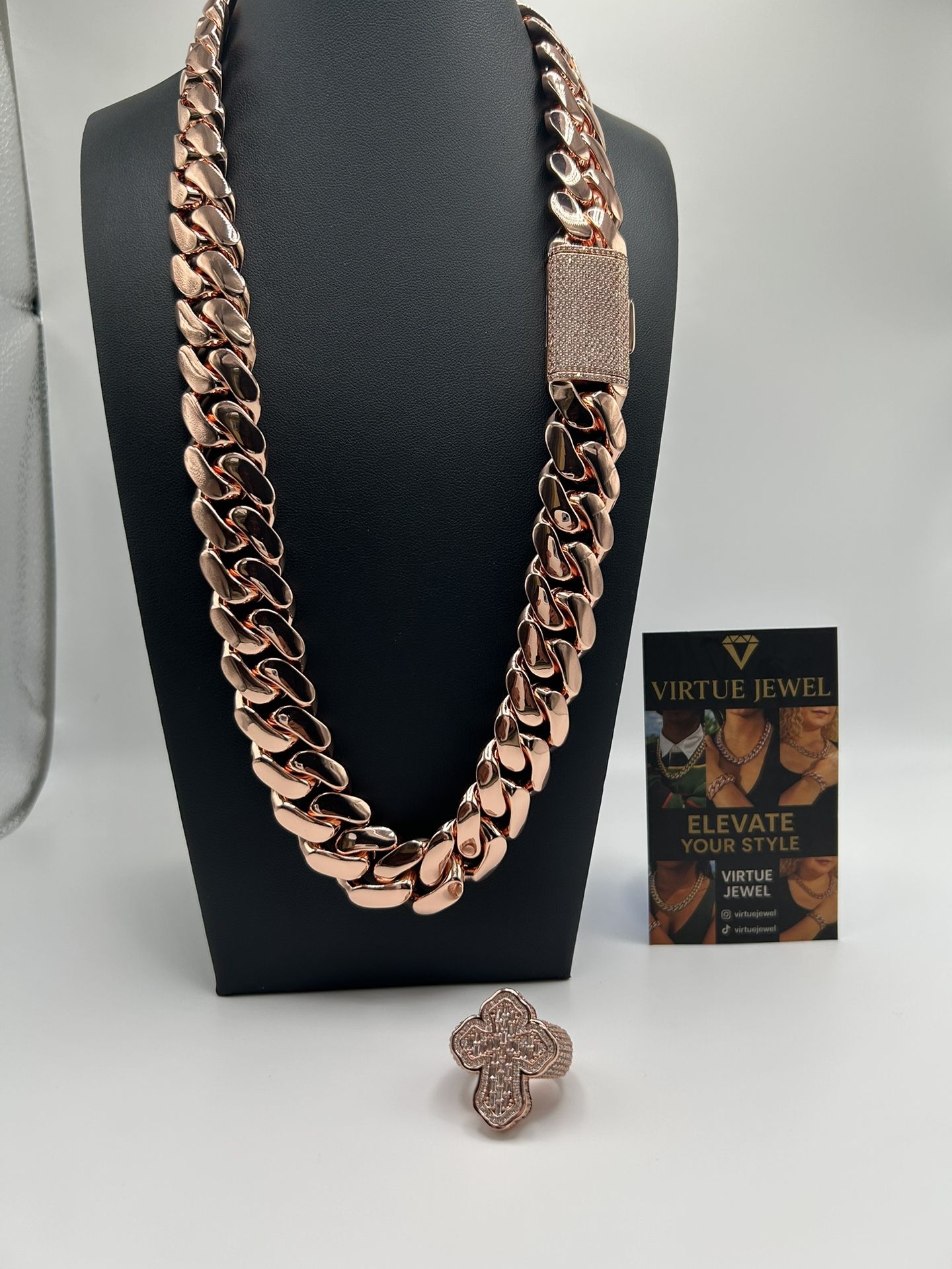 20mm Miami Cuban Link Red Pink Rose Gold Plated Chain Necklace 18k & 14k Diamond Lock & Iced Out Diamonds Baugette Jesus Cross Ring Rose Gold Pink