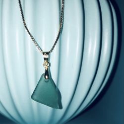 Teal Sea Glass On 18k Gold Plated Necklace 