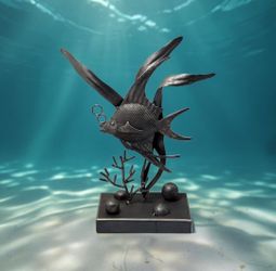 10" AngelFish & Ocean Coral Textured Scales Metal Sculpture Art Home Decoration. The sculpture features a prominent angelfish in a dynamic, swimming p