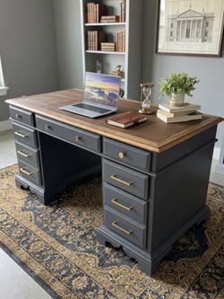 Refinished Executive Desk with two tones Wood Top