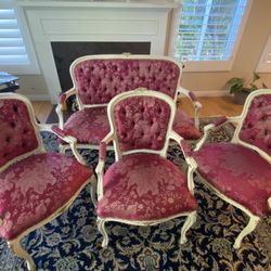 Vintage French Settee 4-piece Set - loveseat and 3 chairs with brand new upholstered and red Italian fabric