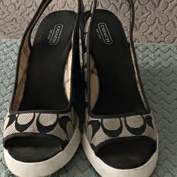 Coach Black And Gray Peep Open Toe Wedge Shoe