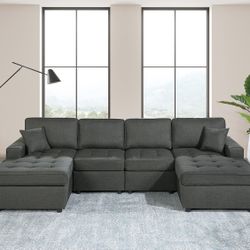 120” U-Shaped Sectional Sofa, Sectional Couch with two Chaise, Dorris Fabric Square Arm Couch, in Dark Gray and Dark Blue, Sofa for four people,  Set 