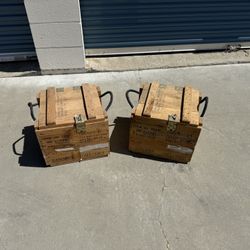 Military Flare Wood Boxes / Crates. Rope handled. Cool display pieces or great for storage too.  Price is for both Dimensions: 13 1/2 “ x 15” wide x 1