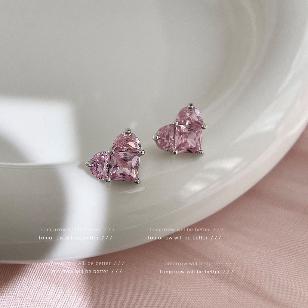 "Korean K-style Pink Bow Zircon Heart Earrings – Chic Silver Studs"