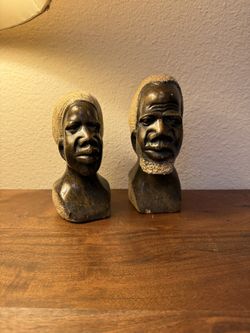 Pair Of African Hand Carved Bust Depicting, A Man And Woman Of An Old Shona Tribe From Zimbabwe